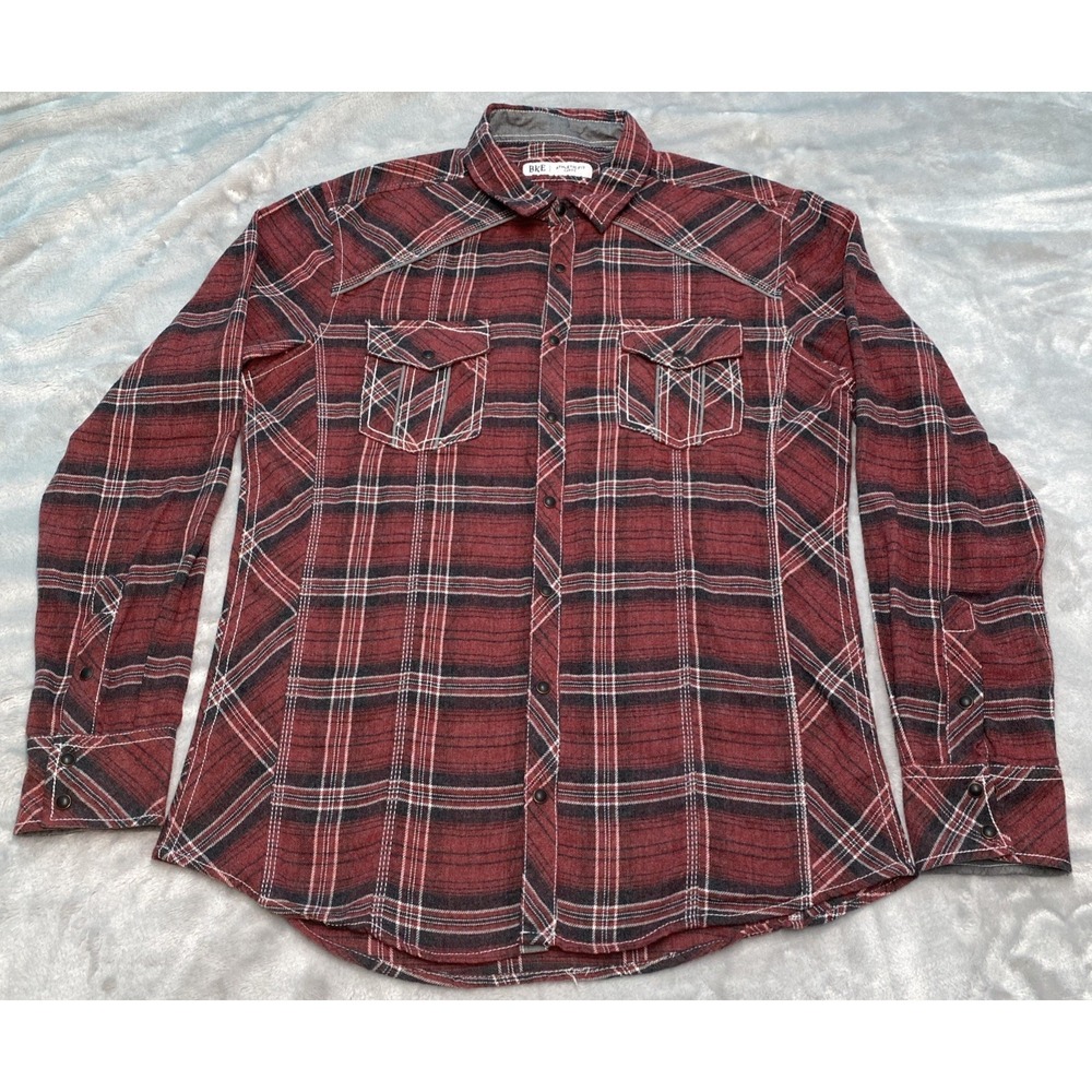 BKE Flannel Shirt Men L Red Plaid Pearl Snap Button Western Cowboy Fit Workwear